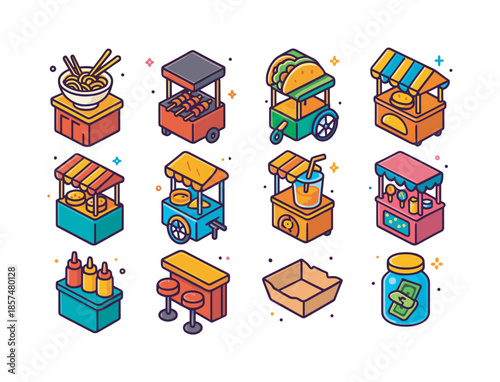 Colorful Street Food Icons. Street food stalls. Colorful isometric vector icons set of Street food stalls: noodle stand, skewer grill, taco cart, burger stand,