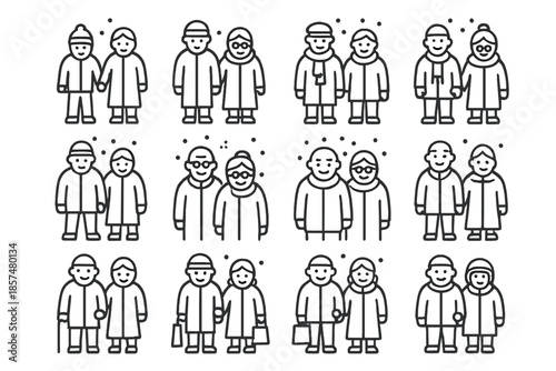 Elderly Winter Icons. Snowy stroll elderly. Line outline icon set of snowy stroll elderly: couple holding