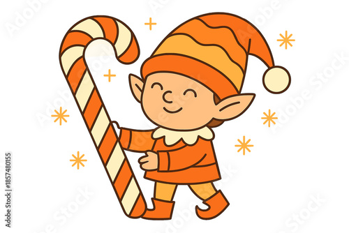 Elf's Sweet Adventure. Elf with candy cane. The little elf holds a giant candy cane that complements its