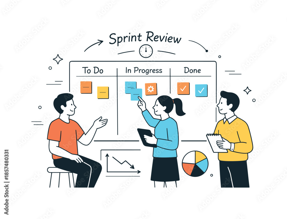 Fototapeta premium Agile Team Collaboration. Agile sprint process. A small team reviewing sprint progress around a board. Steady iteration and collaboration, simple charts and