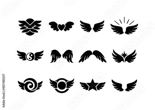 Mythical Wing Icons. Mythical wing variations. Solid icon set of mythical wing variations: seraphim wings, cherub wings, archangel wings, radiant wings,