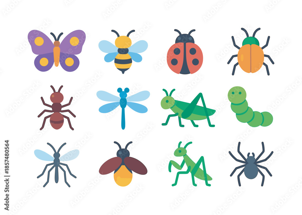 Obraz premium Colorful Insect Icons. Insects. Colorful flat vector icons set of insects: butterfly, bee, ladybug, beetle, ant, dragonfly, grasshopper, caterpillar, mosquito,