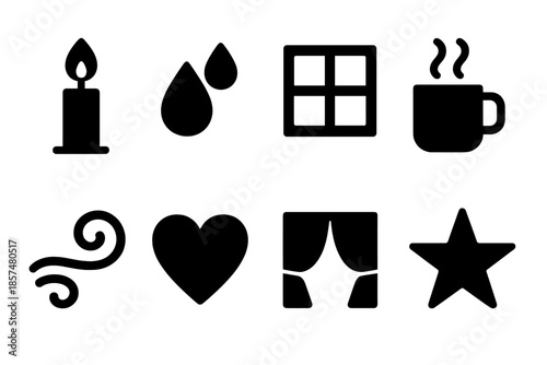 Winter Glow Icons. Winter Glow. Filled icon set of Winter Glow: candle flame, condensation drops, window, mug,
