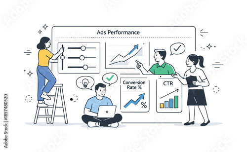 Campaign Optimization Collaboration. Campaign optimization process. Team adjusting sliders and charts on a digital dashboard. Thoughtful collaboration around