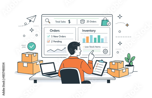 Streamlined Store Management. Online store management. A seller reviewing orders and inventory on a dashboard screen with charts and boxes around. Organized