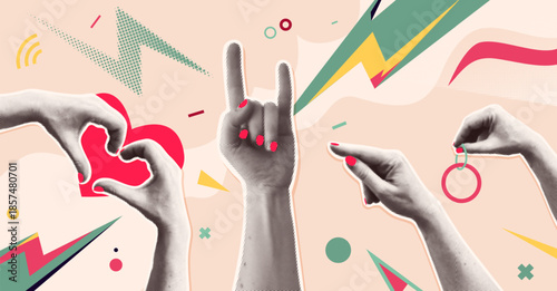 Hand gestures vector illustration set. Diverse hands making gestures heart, rock sign, pointing, ring in dynamic memphis pop art style. Concepts love, music, proposal, communication, party and emotion
