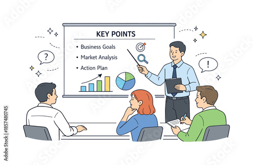 Professional Presentation Scene. Business meeting and presentation. Presenter sharing key points on a simple screen while listeners engage attentively. Clear
