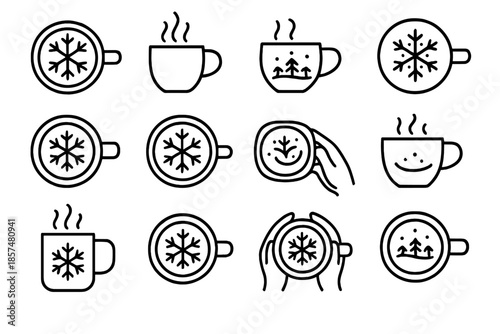 Snowflake Latte Icons. Snowflake latte set. Line outline icon set of snowflake latte set: cup of latte with