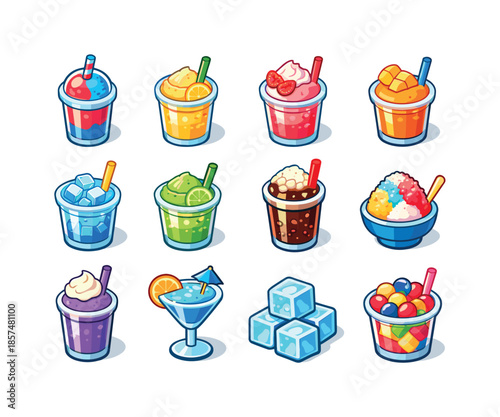 Colorful Frozen Drinks Icons. Frozen drinks. Colorful isometric vector icons set of frozen drinks: slush cup, frozen lemonade, strawberry freeze, mango ice
