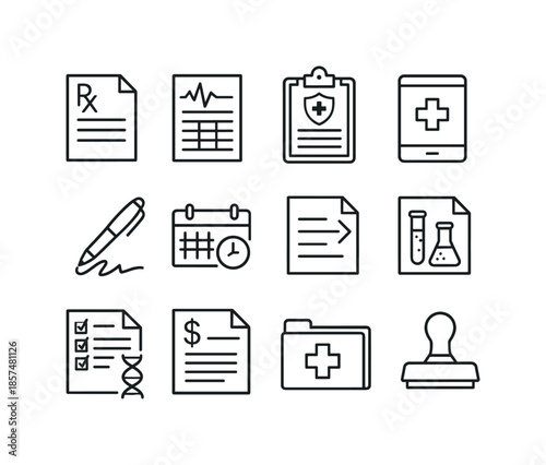 Medical Paperwork Icons. Doctor's paperwork. Line icon set of Doctor's paperwork: prescription sheet, medical chart, insurance form, digital tablet, signature