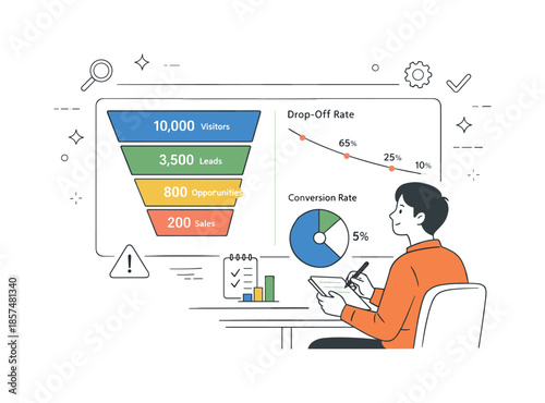 Sales Funnel Review. Sales funnel analytics. A marketer reviewing funnel metrics and drop-off points on a dashboard. Calm analysis and insight, minimal graphs