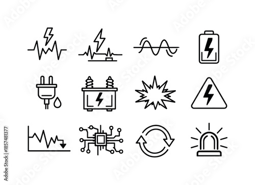 Power Instability Icons. Power Instability. Line icon set of Power Instability: voltage fluctuation, power surge, unstable wave, battery warning, low power