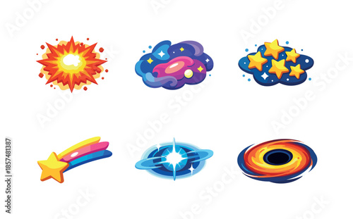 Cosmic Icon Grid. Stars and Space. Isometric flat vector icons set of stars and space: supernova explosion, nebula cloud, star cluster, shooting star, pulsar