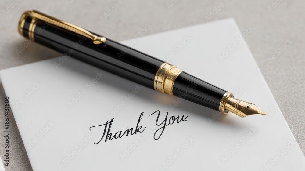 Fototapeta premium Close-up of a sophisticated black and gold fountain pen resting on a crisp white card with elegant cursive 