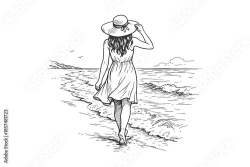 Woman walking alone on beach wearing summer dress, peaceful black and white line art vector illustration of solitude and freedom