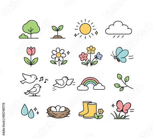 Spring Nature Icons. Spring nature icons set. Simple icons of trees, flowers, sun, clouds and birds arranged neatly, conveying renewal, growth and a gentle