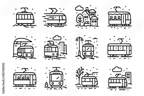 Snowy Tram Icon Set. Snowy city tram icons. Line outline icon set of snowy city tram icons: tram on tracks,
