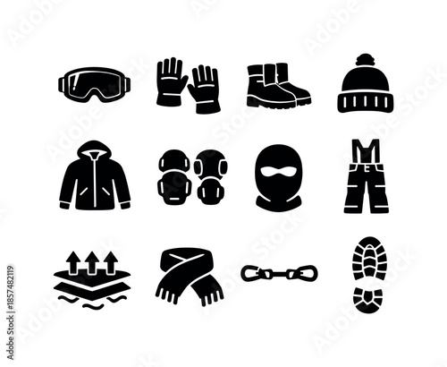 Snow Gear Icons. Snow gear. Solid icon set of snow gear: winter goggles, insulated gloves, snow boots, thermal hat, windproof jacket, protective pads, face