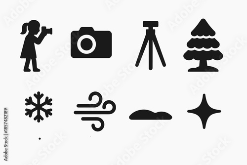 Girl Photographing Snowy Landscape. Girl photographing snow-covered trees. Filled icon set of Girl