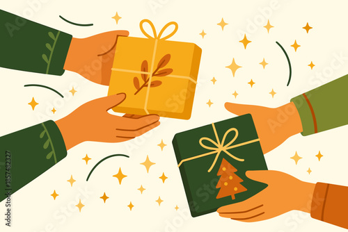 Festive Gift Exchange. Festive handcrafted gift swap. Gifts rest in hands as tiny stars float around; curved