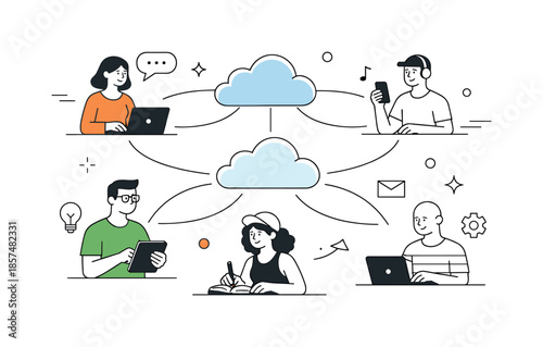 Connected Cloud Network. Decentralized network. Multiple characters working independently, connected through abstract cloud nodes. Feeling of equality and