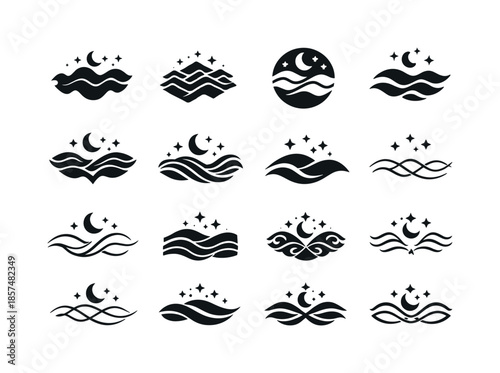 Relaxing Sound Logos. Relaxing sounds for sleep. Icon set. Set Logo of relaxing sounds for sleep: melodic wave pattern. harmonious logo variations of the same