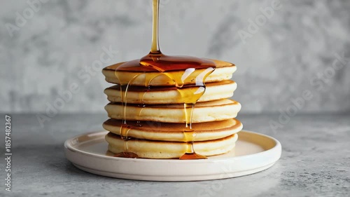 Tracking shot downward as syrup drips slowly down pancake stack