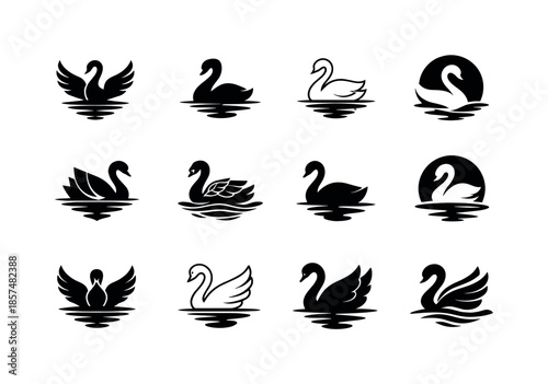 Lakeside Logo Variations. Lakeside. Icon set. Set Logo of Lakeside: waterbird silhouette. harmonious logo variations of the same emblematic concept, each with