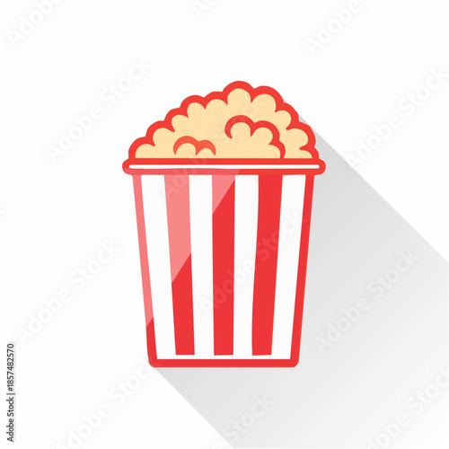 Classic red and white striped popcorn bucket overflowing with fluffy kernels, perfect for movie nights and cinema experiences