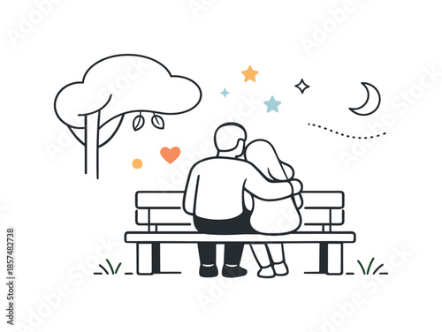 Romantic Bench Silhouettes. Romantic line art illustration. A couple sitting on a bench under a simple tree, calm silhouettes and minimal details expressing