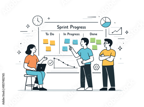 Agile Team Collaboration. Agile sprint process. A small team reviewing sprint progress around a board. Steady iteration and collaboration, simple charts and