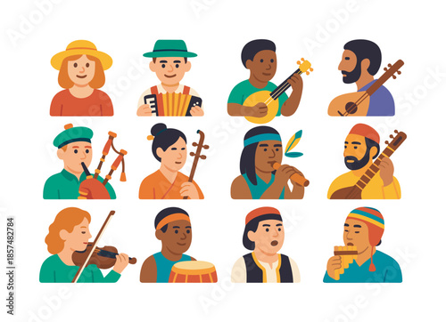 Traditional Music Icons. Traditional music portraits. Colorful flat vector icons set of traditional music portraits: folk singer headshot, accordionist