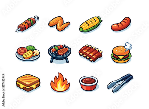Grilled Favorites Icons. Grilled favorites. Colorful isometric vector icons set of grilled favorites: kebab skewer, grilled chicken wing, roasted corn, grilled