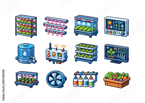 Vertical Farming Icons. Vertical farming. Colorful isometric vector icons set of vertical farming: stacked grow shelves, LED lights, nutrient mist system,