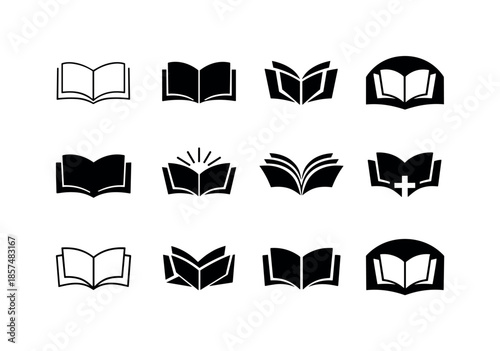 Theology Book Logos. theology books. Icon set. Set Logo of theology books: open sacred book. harmonious logo variations of the same emblematic concept, each