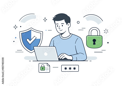 Digital Data Protection. Digital security. Person protecting data on a laptop with a shield and lock icons nearby, representing safe and controlled online