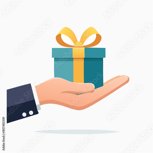 Hand Presenting a Teal Gift Box Tied with a Yellow Ribbon, Symbolizing Generosity and Giving
