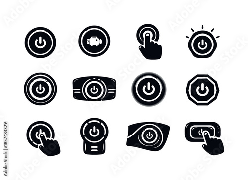 Push Start Icons. Push start. Solid icon set of Push start: push start button, engine start symbol, ignition button, car dashboard button, power start icon,