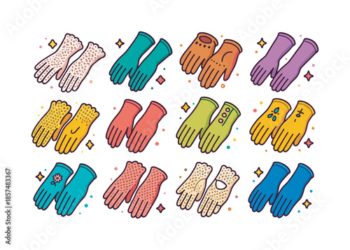 Vintage Gloves Icons. Vintage Gloves. Colorful isometric vector icons set of Vintage Gloves: lace gloves, satin gloves, leather driving gloves, opera gloves,