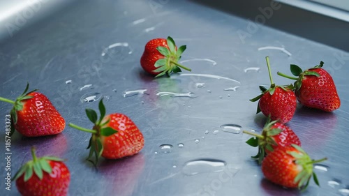  Slow dolly-in as fresh strawberries on a steel tray glisten with water droplets under soft window light 