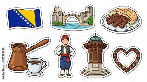 cartoon bosnia and herzegovina sticker set featuring national flag landmarks traditional food and cultural icons cartoon style