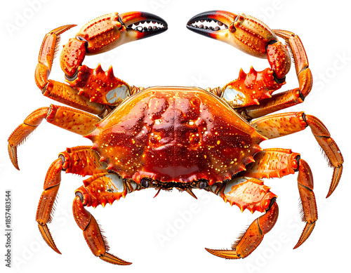 Close-up of a whole cooked crab with claws raised on a white background.