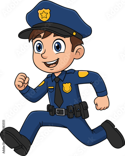 Cartoon police officer running, smiling cop character in uniform with badge and hat, vector illustration for law enforcement, security, and safety themes.