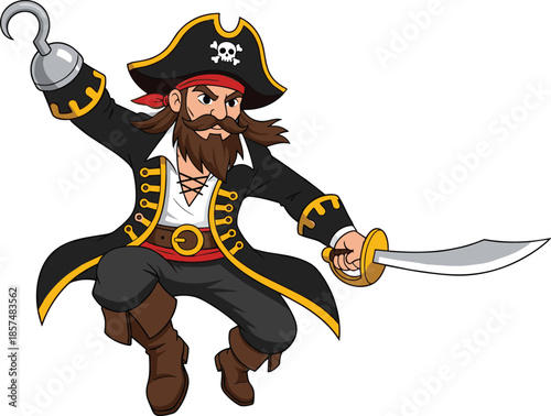 Cartoon pirate character with sword, bearded pirate in black coat, hook hand pirate jumping, vector adventure design, sea robber illustration