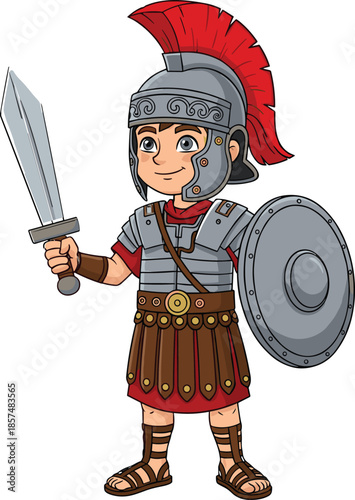 Cartoon Roman soldier boy, ancient warrior in armor, child with sword and shield, historical costume character, vector illustration design