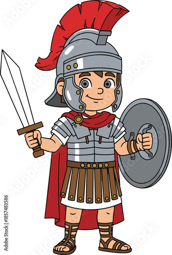 PrintCartoon Roman soldier in traditional armor, holding sword and shield, wearing red cape and helmet, vector illustration for history and educational themes