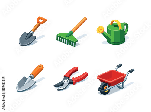 Colorful Gardening Tools Icons. Gardening Tools. Isometric flat vector icons set of Gardening Tools: shovel, garden rake, watering can, hand trowel, pruning