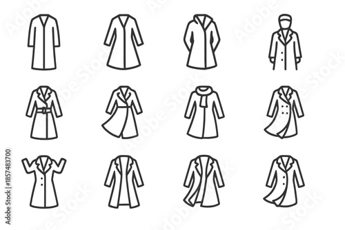 Festive Wool Coat Icons. Festive wool coat icons. Line outline icon set of festive wool coat icons: long wool