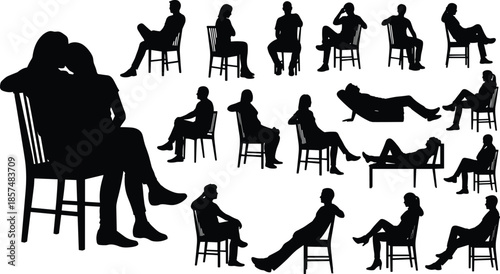 PrintChair sitting posture silhouette vector illustration, human body language icons, black design for ergonomics, interaction, lifestyle, and creative artistic reference