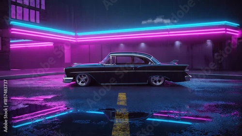 A vintage car parked under neon sign in rain, cinematic retro realism 